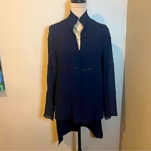 AKRIS Elegant Navy Mulberry Silk Blouse with Black Swarovski Jewel Trim, size 6